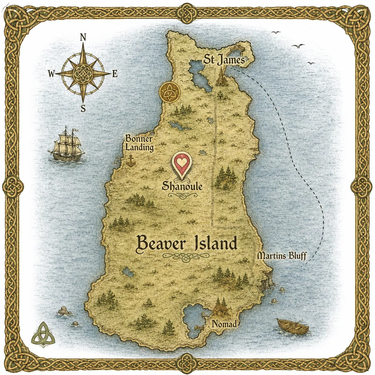 Illustrated approximate map showing Shanoule in central Beaver Island, Michigan