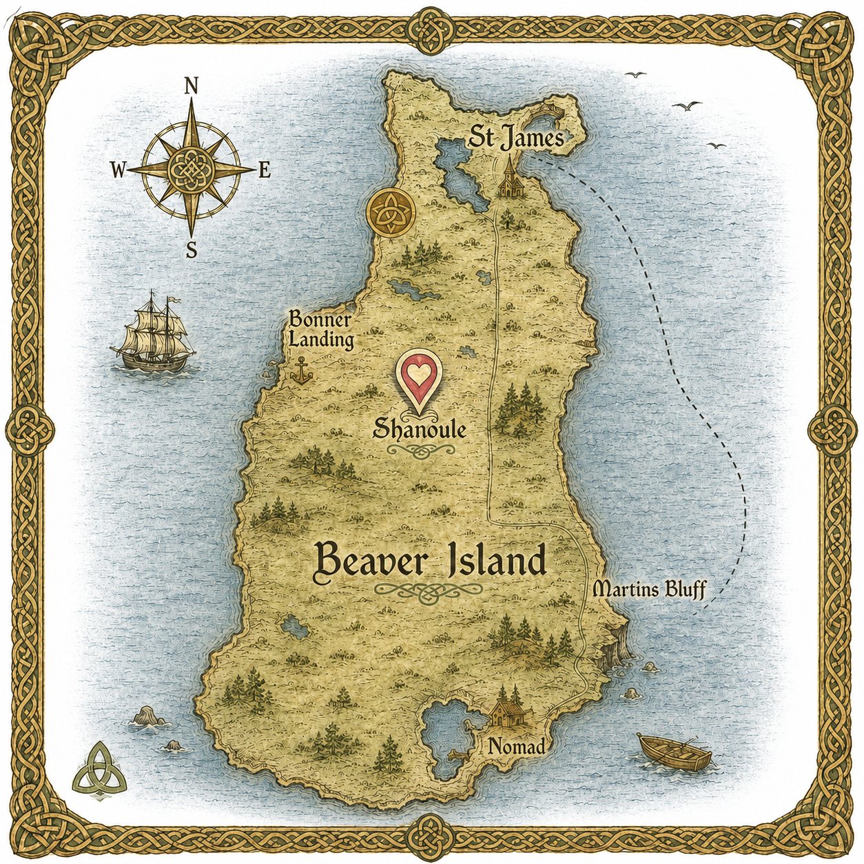 Illustrated approximate map showing Shanoule in central Beaver Island, Michigan
