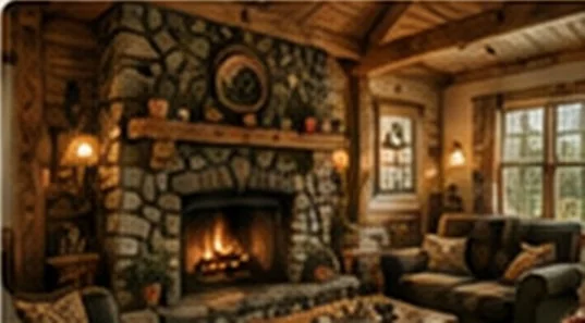 Living room and fireplace inside Shanoule cabin on Beaver Island